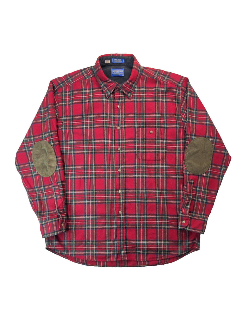 Pendleton Virgin Wool Elbow Patch Red Steward Tartain Plaid Trail Shirt Mens XL